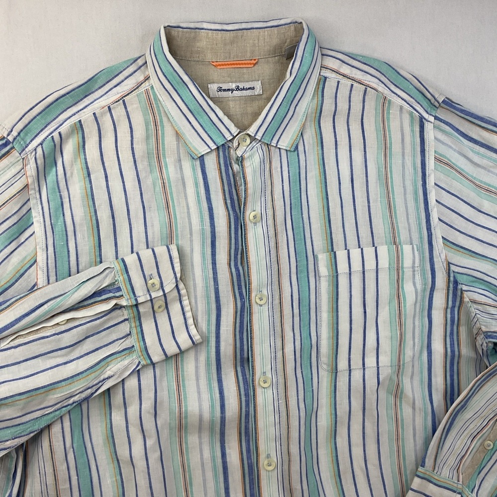 Tommy Bahama Linen‎ Shirt Mens XL Blue Striped Long Sleeve Button Down Resort